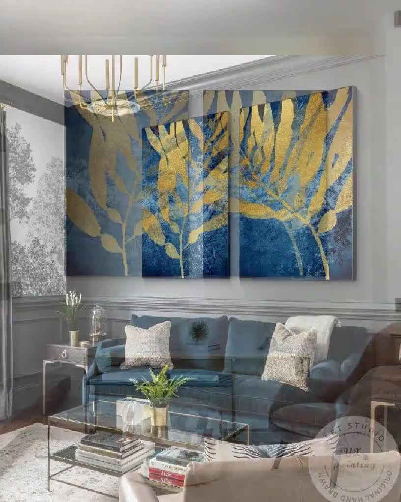 Blue Gold Leaf Set of 2 Pieces, Abstract Painting on Canvas